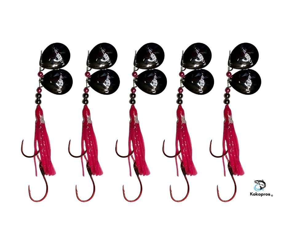 Salmon Tackle - Kokopros® Hot Pink (5 Packs) - 4/0 Octopus Snell-Luminous Salmon Hoochie (2) Kokopros Spinner Blade (SNELL)