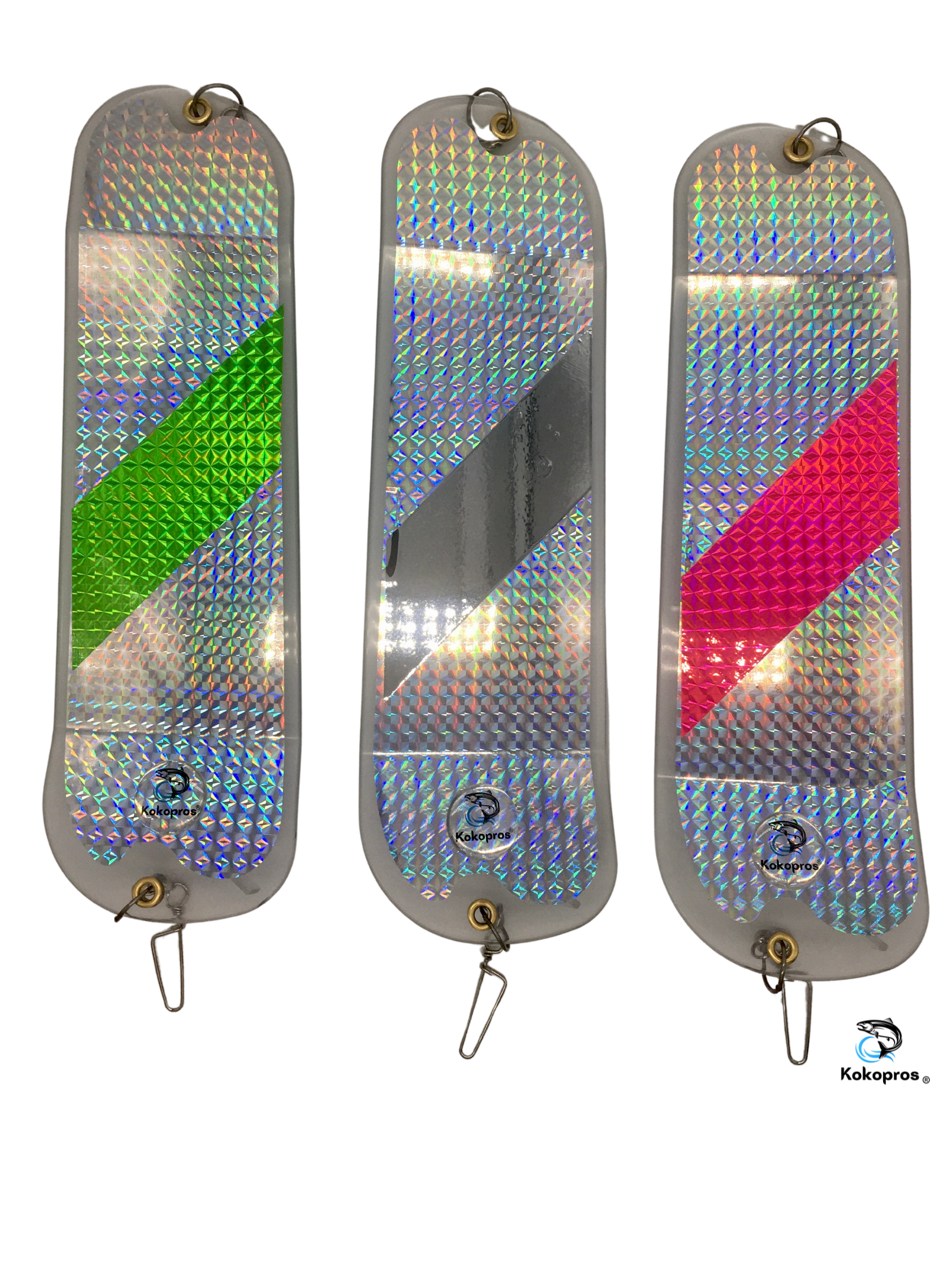 KOKOPROS® Salmon Trolling Striped Large 11- inch Holographic Salmon Flashers Striped Hot Pink , Green, Chrome, 3 PK Includes 360 Degree Rotation Fins- Heavy Duty Hardware.