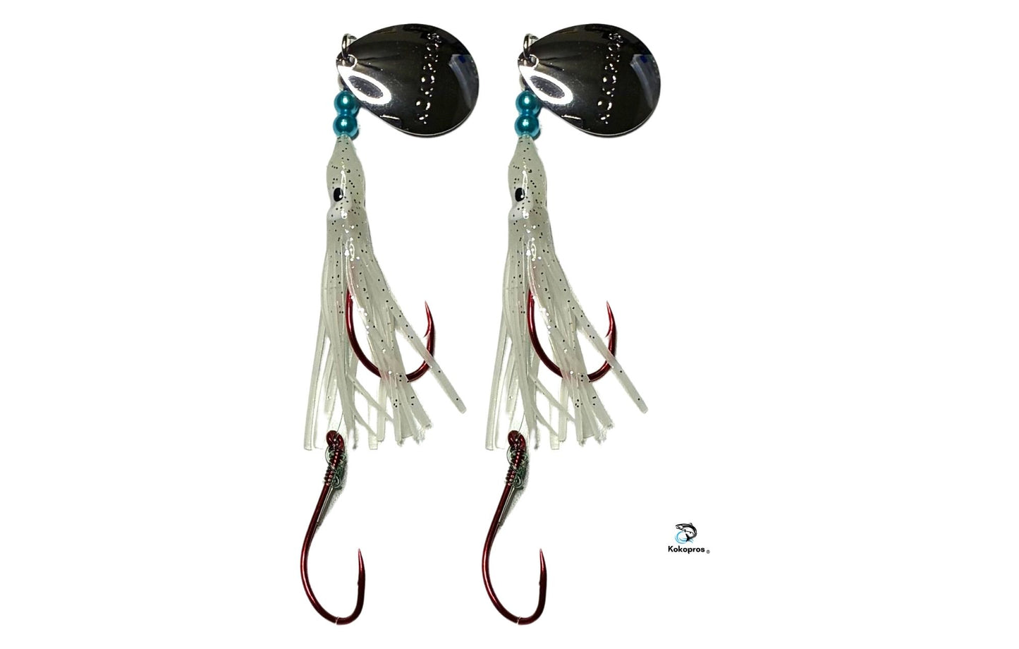 Salmon Tackle - Kokopros® Twin Pack Ghost White - 4/0 Octopus Snell-Luminous Salmon Hoochie Kokopros Spinner Blade (SNELL)