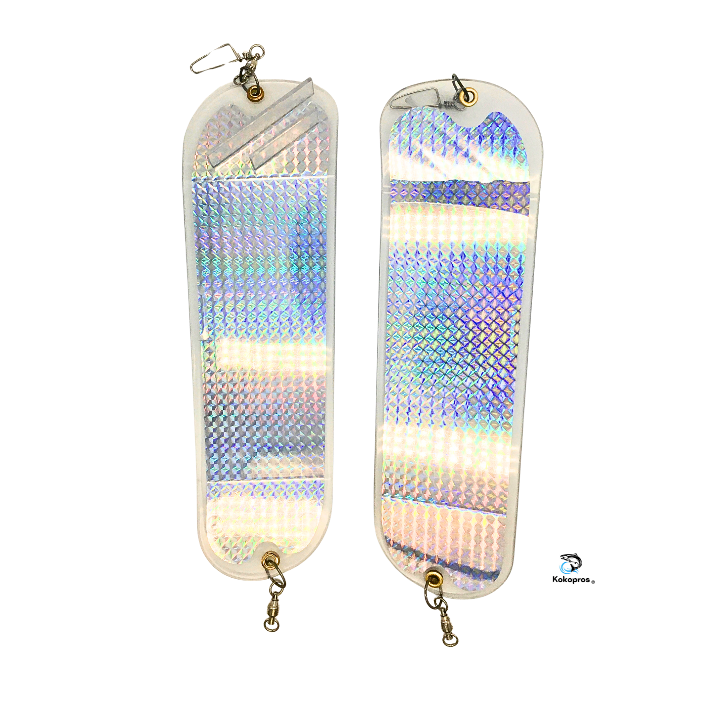KOKOPROS® Salmon Trolling Large 11- inch Salmon Flashers Holographic Silver Machines 2 PK  includes 360 degree Rotation Fins- Heavy DutyHardware.