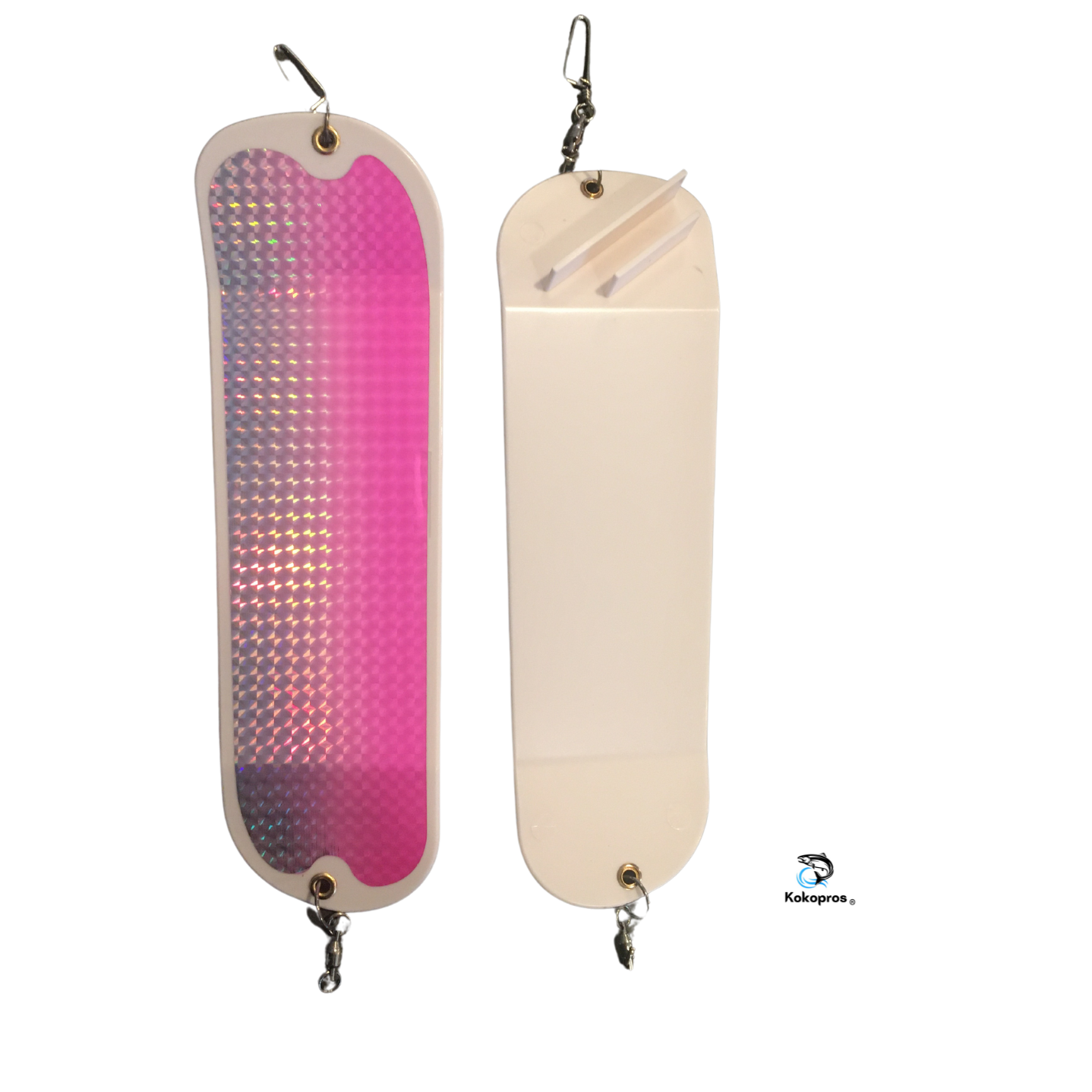 KOKOPROS®  Salmon  Trolling Large 11- inch  Holographic Salmon Flashers Silver/Pink and White 2 PK Includes 360 Degree Rotation Fins- Heavy Duty Hardware.