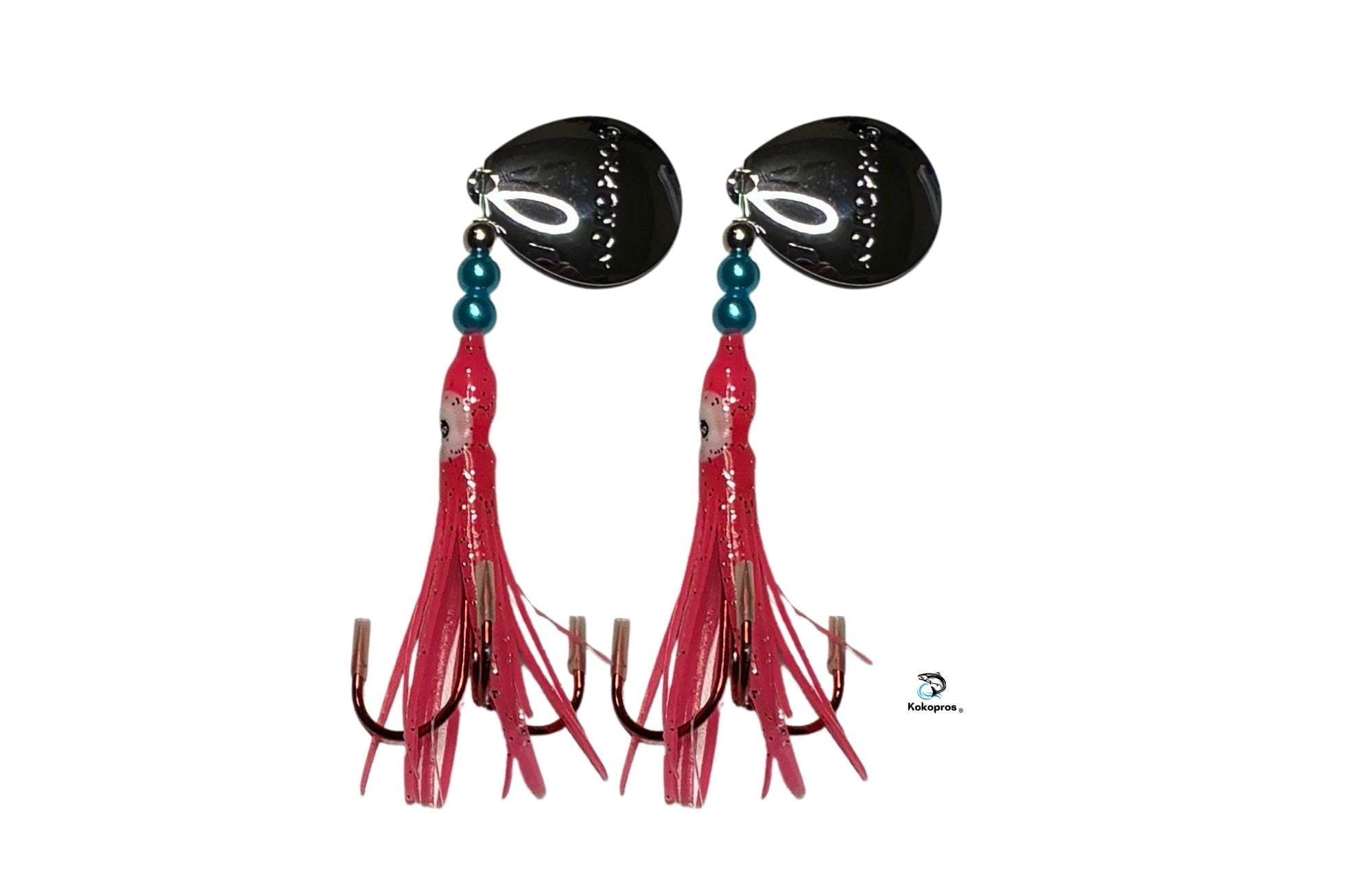 Salmon Tackle- Kokopros® Twin Pack Hot Pink  2/0 Treble- Luminous Salmon Hoochie Kokopros Spinner Blade (TREBLE)