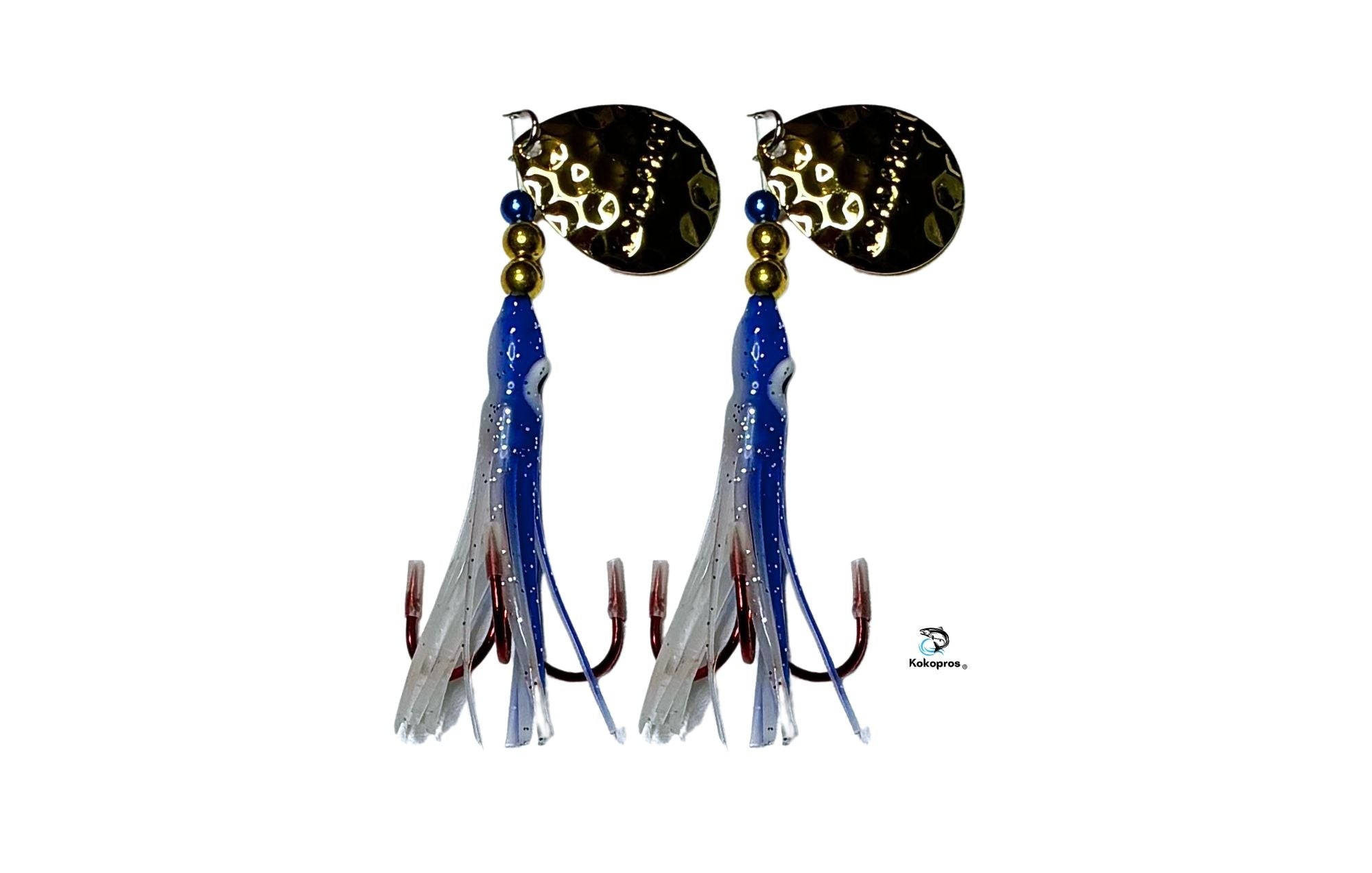Salmon Tackle- Kokopros® Twin Pack Blue Magic  2/0 Treble- Luminous Salmon Hoochie Kokopros Spinner Blade (TREBLE)