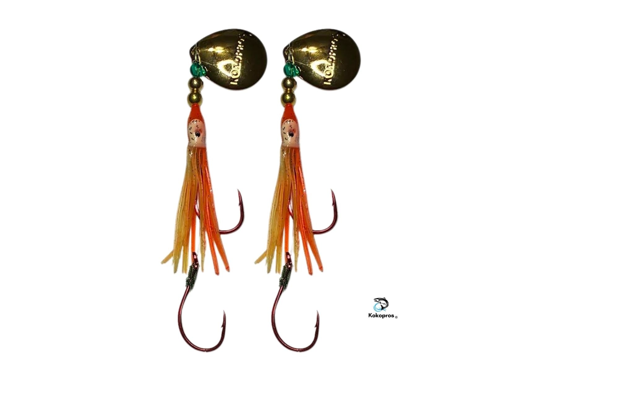 Salmon Tackle - Kokopros® Twin Pack Orange Chartreuse- 4/0 Octopus Snell-Luminous Salmon Hoochie Kokopros Spinner Blade (SNELL)