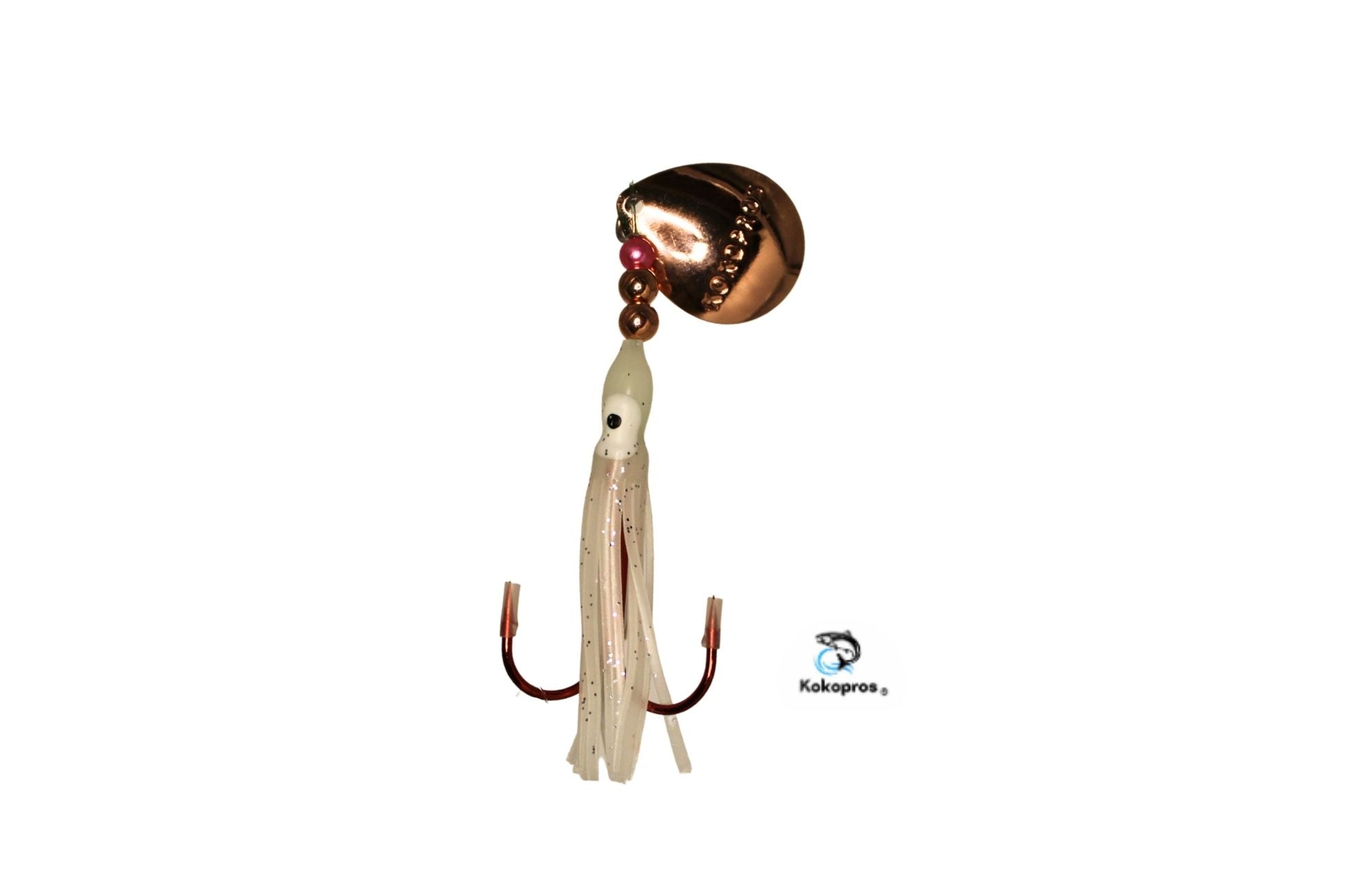 Salmon Tackle - Kokopros® Ghost White #7- 2/0 Treble- Luminous Salmon Hoochie with Kokopros Spinner Blade (TREBLE)