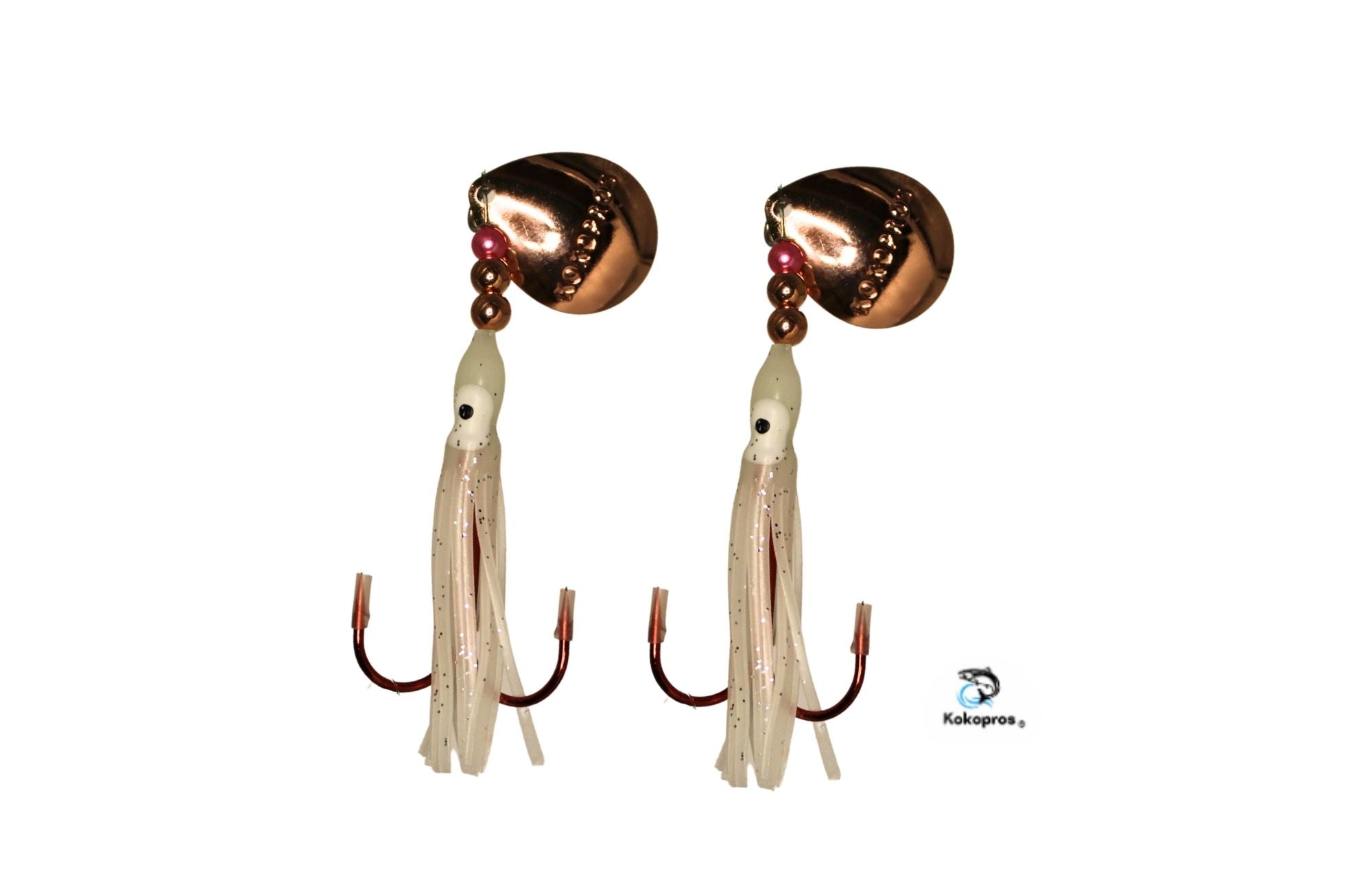 Salmon Tackle- Kokopros® Twin Pack Ghost White  2/0 Treble- Luminous Salmon Hoochie Kokopros Spinner Blade (TREBLE)