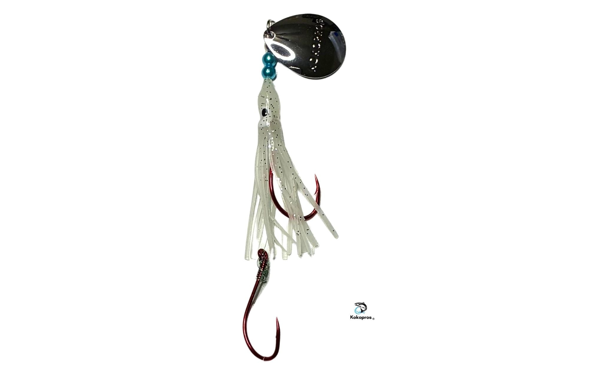 Salmon Tackle - Kokopros® Ghost White #7- 4/0 Snell Hook - Luminous Salmon Hoochie with Kokopros Spinner Blade. (SNELL