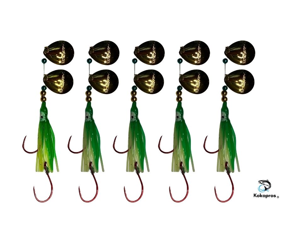 Salmon Tackle - Kokopros® Green Chartereuse   (5 Packs) - 4/0 Octopus Snell-Luminous Salmon Hoochie (2) Kokopros Spinner Blade (SNELL)