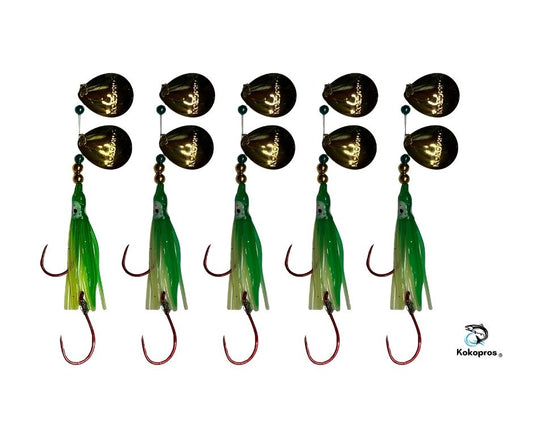 Salmon Tackle - Kokopros® Green Chartereuse   (5 Packs) - 4/0 Octopus Snell-Luminous Salmon Hoochie (2) Kokopros Spinner Blade (SNELL)