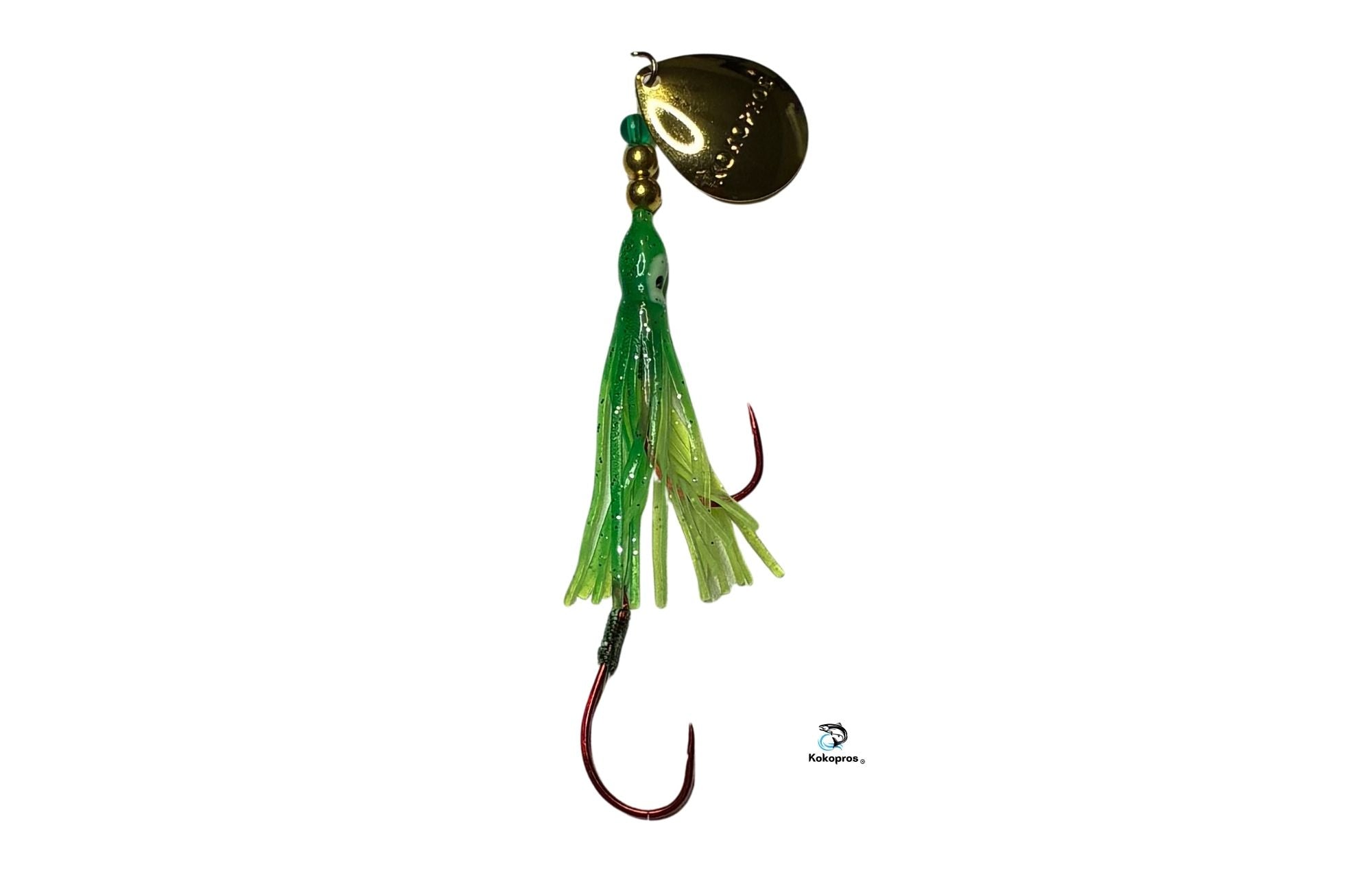 Salmon Tackle-Kokopros®  Green / Chartreuse  Trolling Salmon Hoochie Kokopros Spinner Blade- 4/0 Snell- ( SNELL )