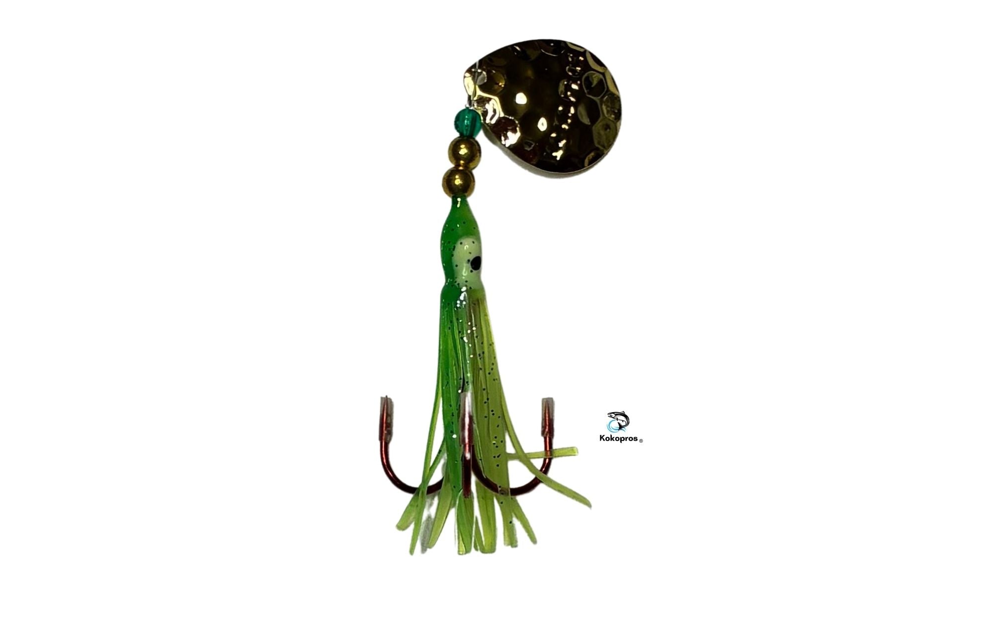 Salmon Tackle -Kokopros® Green Chartreuse -2/0 Treble- Luminous Salmon Hoochie with Kokopros Spinner Blade (TREBLE )