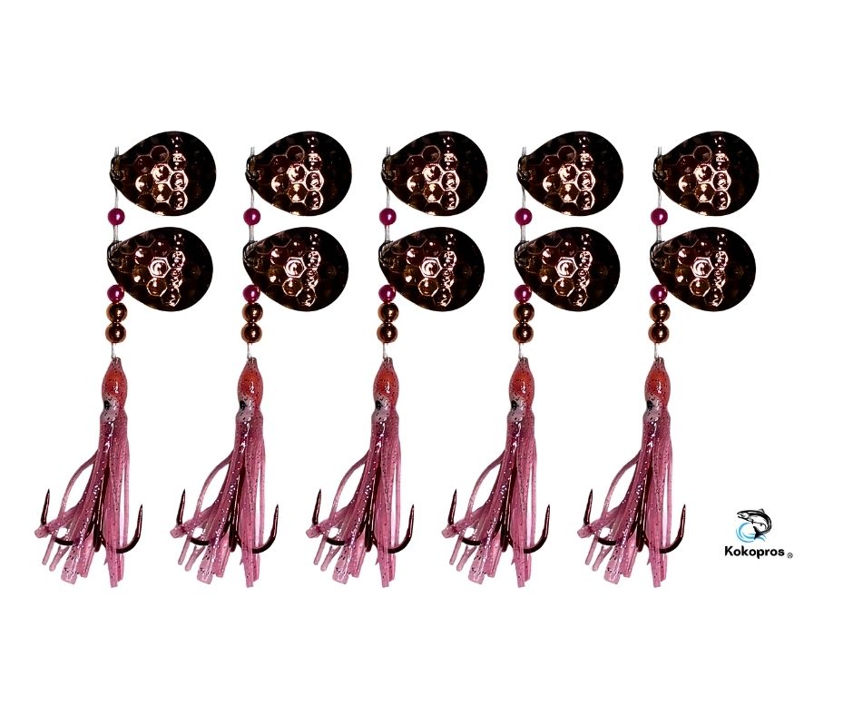 Salmon Tackle- Kokopros®    Light Pink (5  Pack) 2/0 Treble- Luminous Salmon Hoochie Kokopros (2) Spinner Blades (TREBLE)