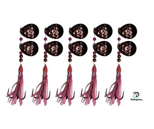 Salmon Tackle- Kokopros®    Light Pink (5  Pack) 2/0 Treble- Luminous Salmon Hoochie Kokopros (2) Spinner Blades (TREBLE)
