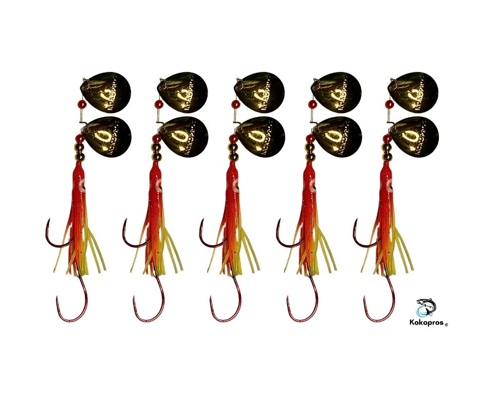 Salmon Tackle - Kokopros® Orange Chartereuse   (5 Packs) - 4/0 Octopus Snell-Luminous Salmon Hoochie (2) Kokopros Spinner Blade (SNELL)