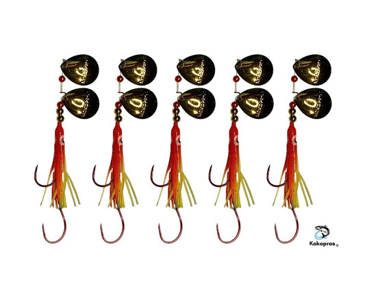 Salmon Tackle - Kokopros® Orange Chartereuse   (5 Packs) - 4/0 Octopus Snell-Luminous Salmon Hoochie (2) Kokopros Spinner Blade (SNELL)