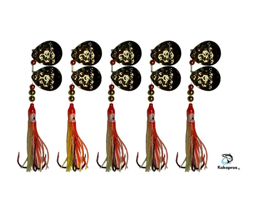Salmon Tackle- Kokopros®  Orange Chartreuse  (5  Pack) 2/0 Treble- Luminous Salmon Hoochie Kokopros (2) Spinner Blades (TREBLE)