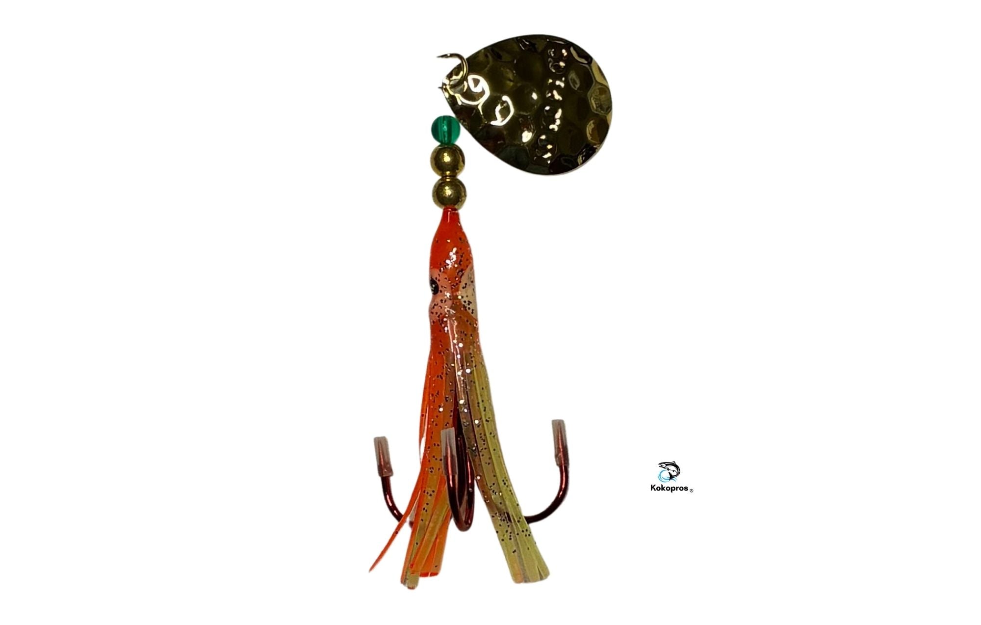 Salmon Tackle - Kokopros® Orange Chartreuse #4- 2/0 Treble -Luminous Salmon Hoochie with a Kokopros  Spinner Blade (TREBLE)