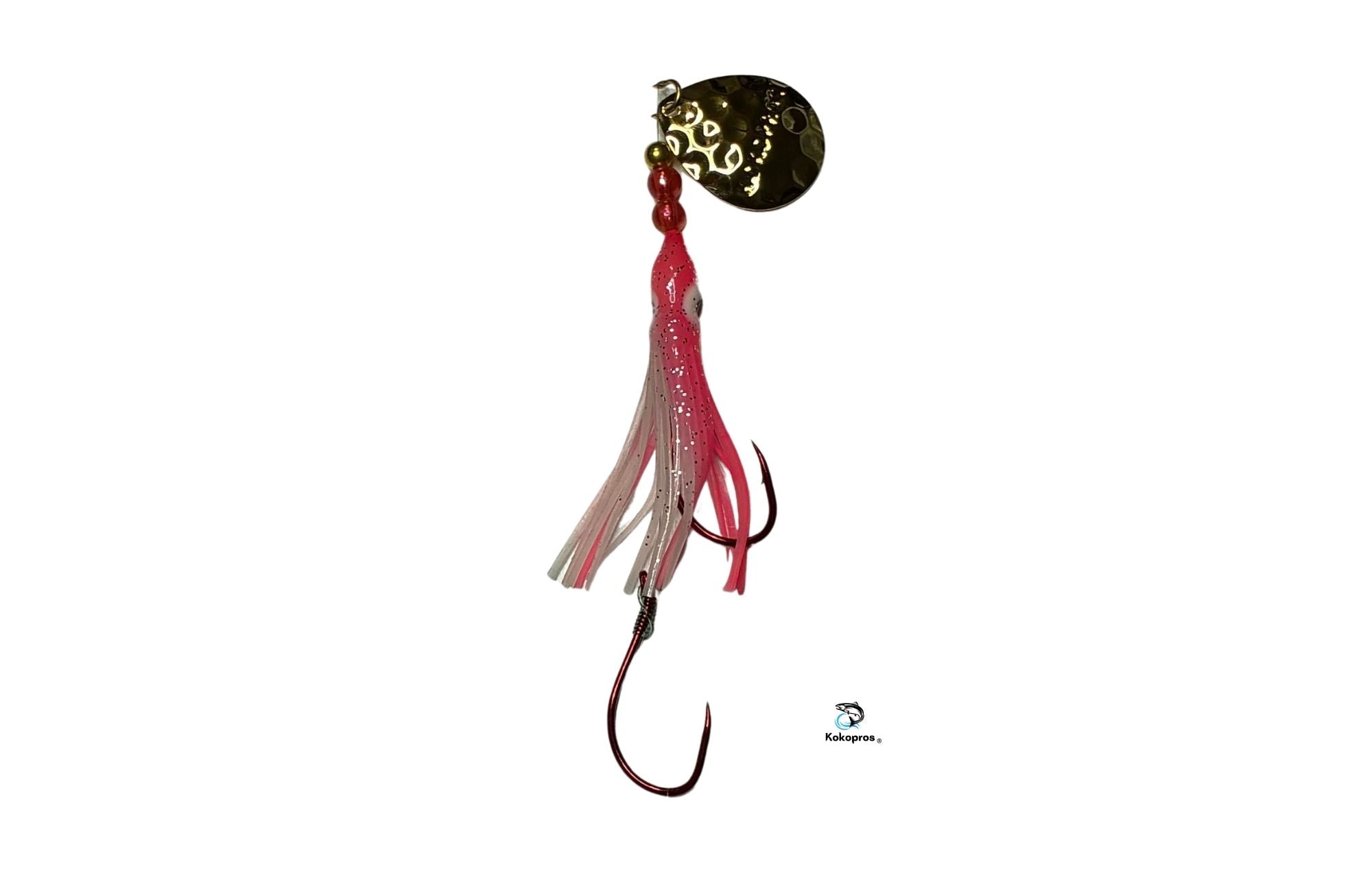 Salmon Tackle -Kokopros®  - Luminous Salmon Hoochie Pink and White -4/0 Snells Luminous Salmon Hoochie and a  Kokopros Spinner Blade /0 (SNELL)
