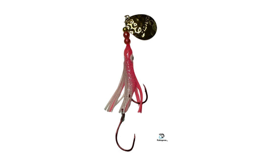 Salmon Tackle -Kokopros®  - Luminous Salmon Hoochie Pink and White -4/0 Snells Luminous Salmon Hoochie and a  Kokopros Spinner Blade /0 (SNELL)