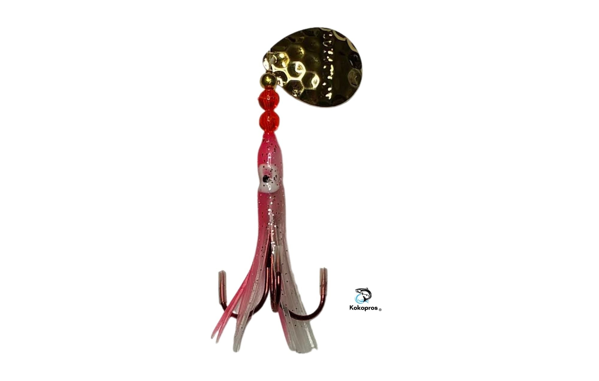 Salmon Tackle - Kokopros® Pink and White #3- 2/0 Treble- Luminous Salmon Hoochie- Kokopros Spinner Blade, Treble Hook (TREBLE
