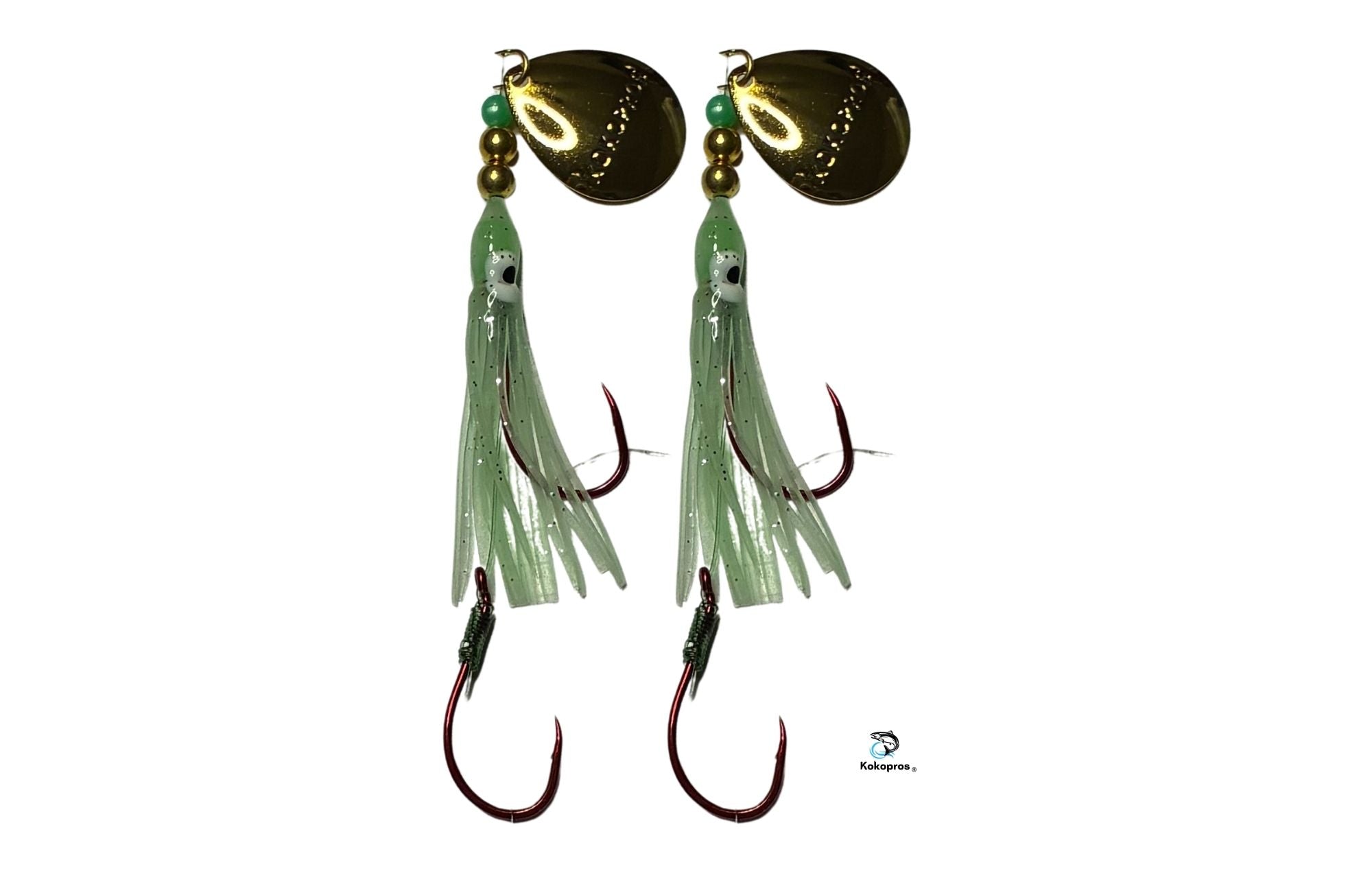 Salmon Tackle - Kokopros®Twin Green - 4/0  Snell Hook-Luminous Salmon Hoochie with a Kokopros Spinner Blade (SNELL)