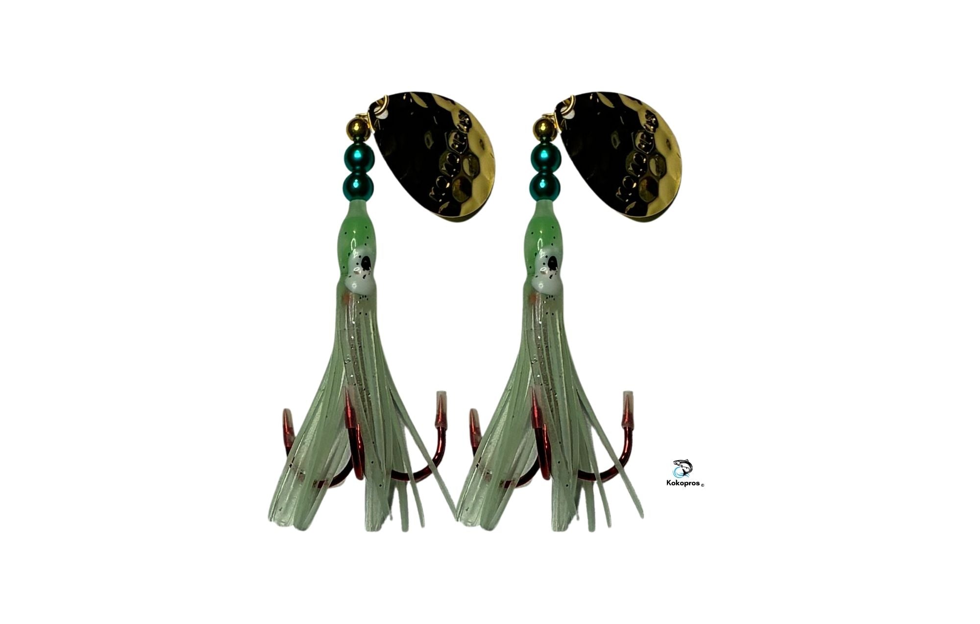 Salmon Tackle- Kokopros® Twin Pack Light Green  Chartreuse  2/0 Treble- Luminous Salmon Hoochie Kokopros Spinner Blade (TREBLE)