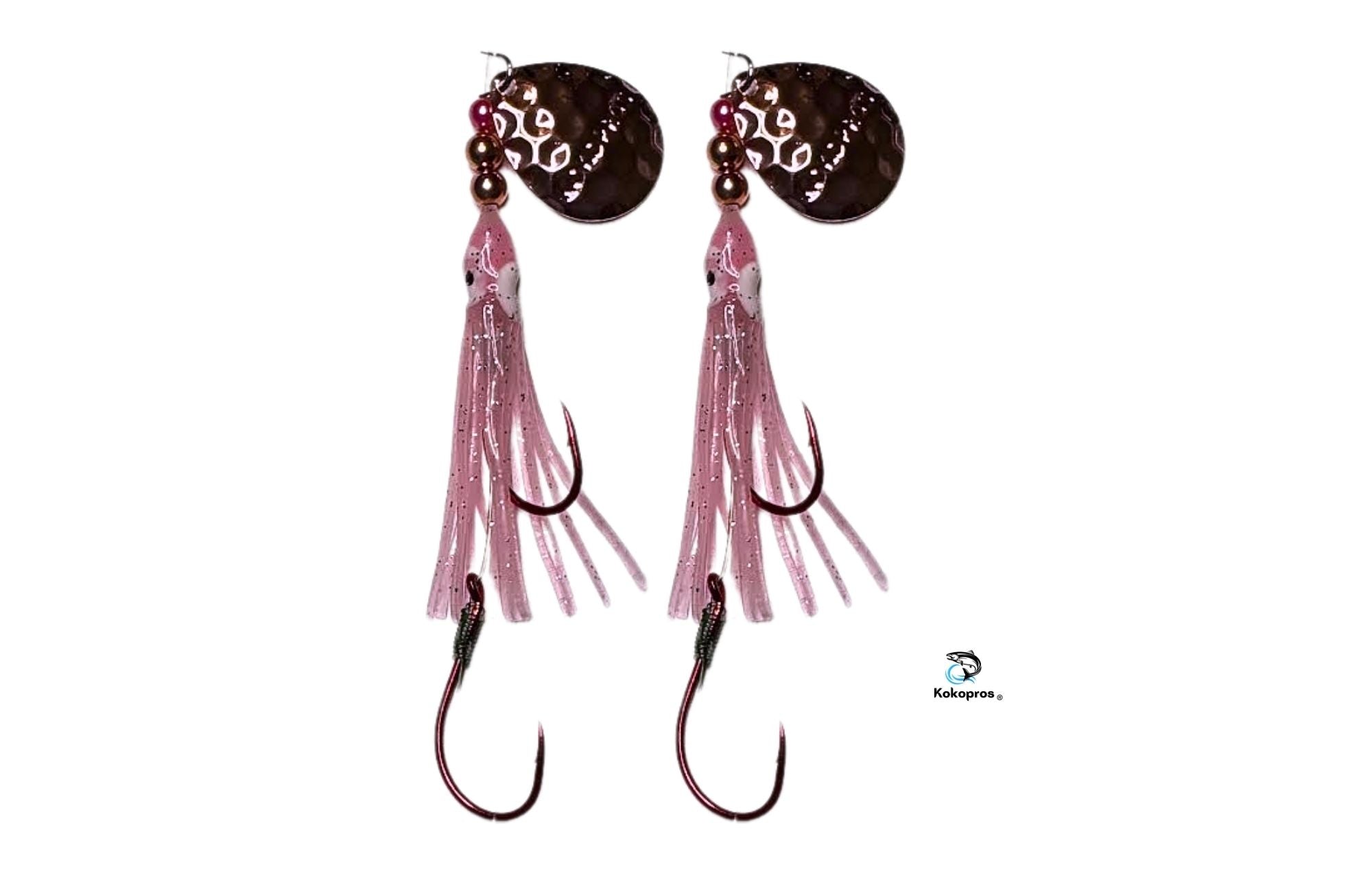 Salmon Tackle - Kokopros® Twin Pack Light Pink  - 4/0 Octopus Snell-Luminous Salmon Hoochie Kokopros Spinner Blade (SNELL)
