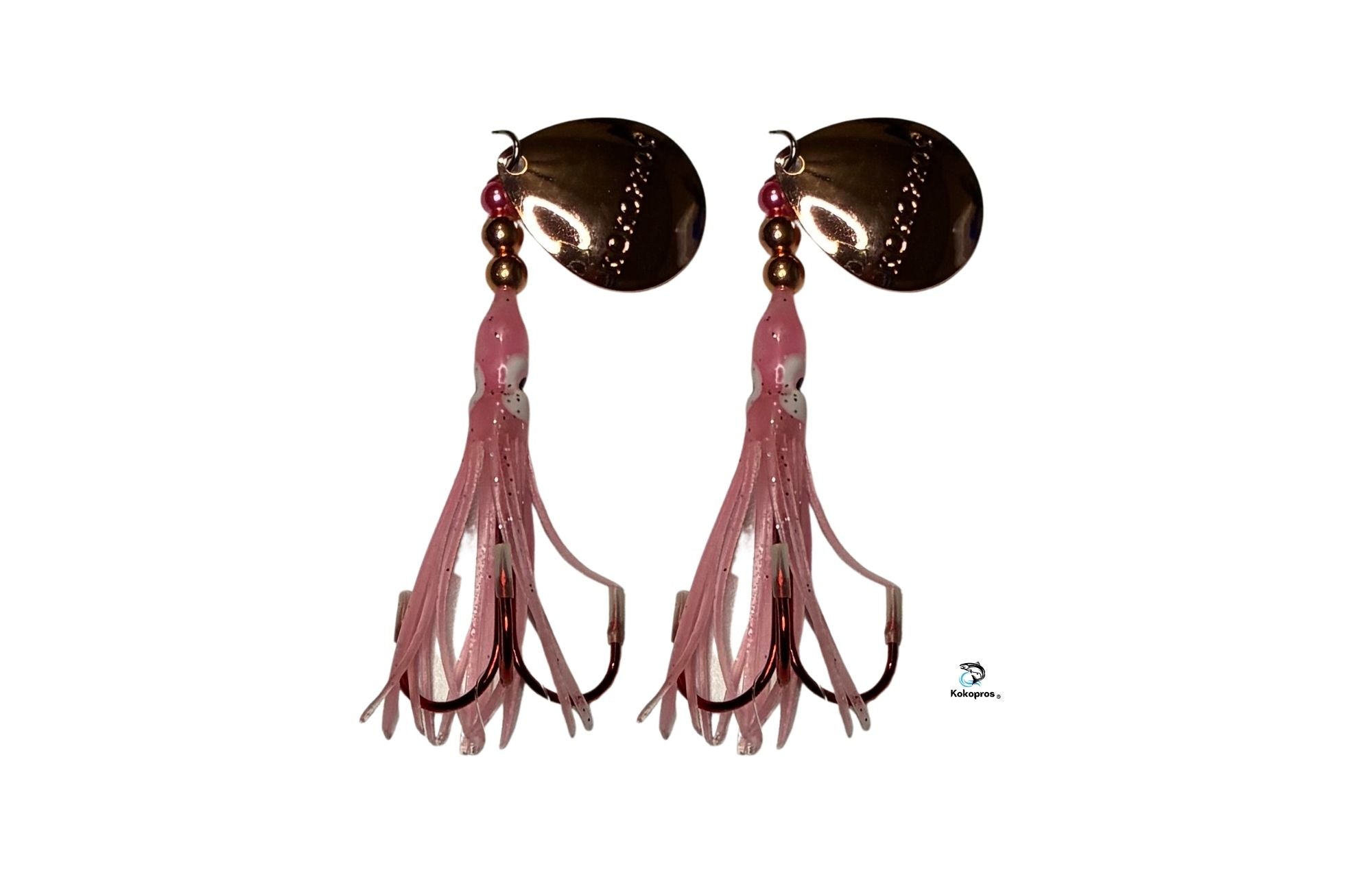 Salmon Tackle- Kokopros® Twin Pack  Light Pink  2/0 Treble- Luminous Salmon Hoochie Kokopros Spinner Blade (TREBLE)