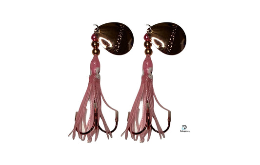 Salmon Tackle- Kokopros® Twin Pack  Light Pink  2/0 Treble- Luminous Salmon Hoochie Kokopros Spinner Blade (TREBLE)