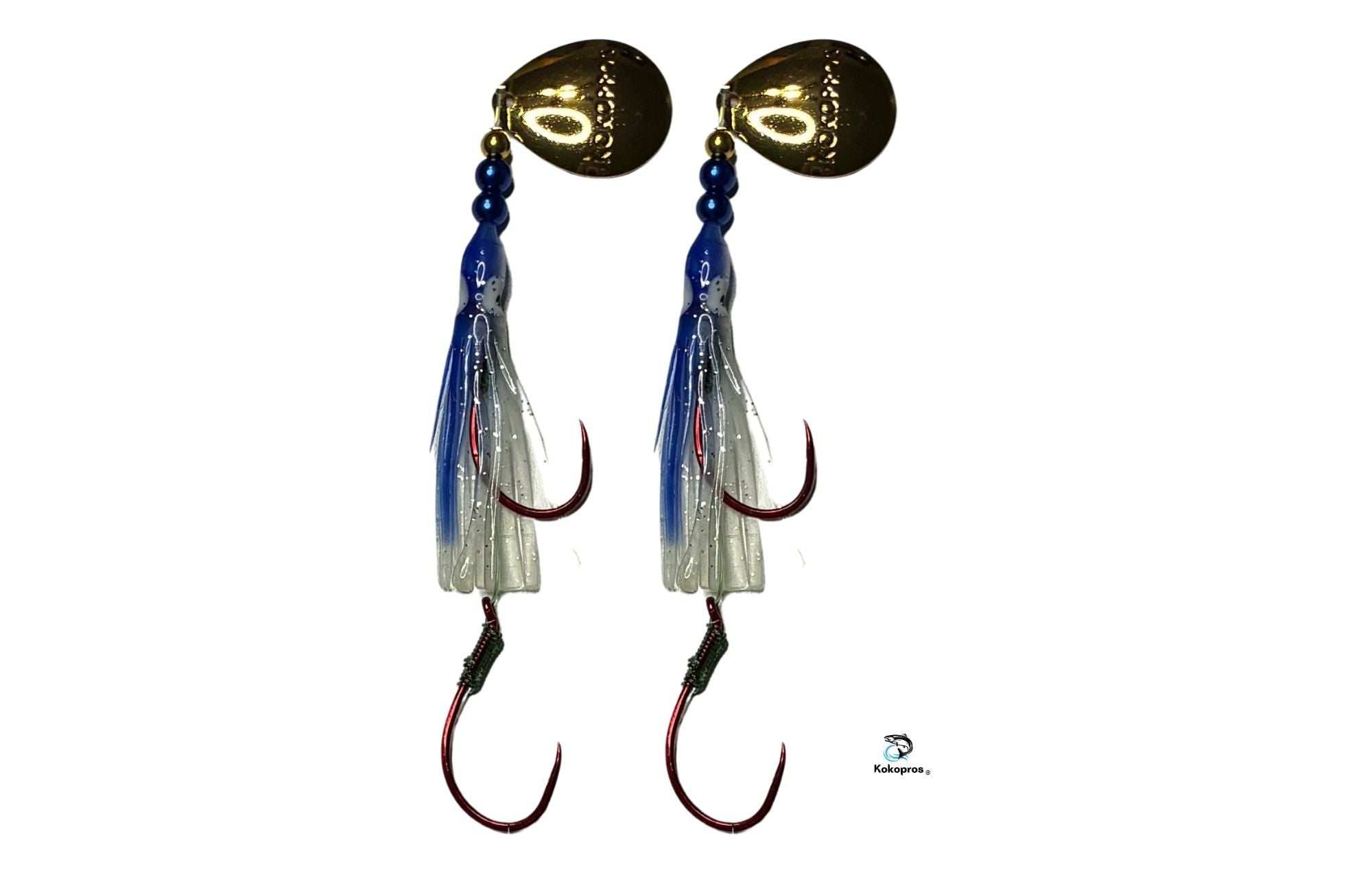 Salmon Tackle - Kokopros® Twin Pack Blue Magic - 4/0 Octopus Snell-Luminous Salmon Hoochie Kokopros Spinner Blade (SNELL)