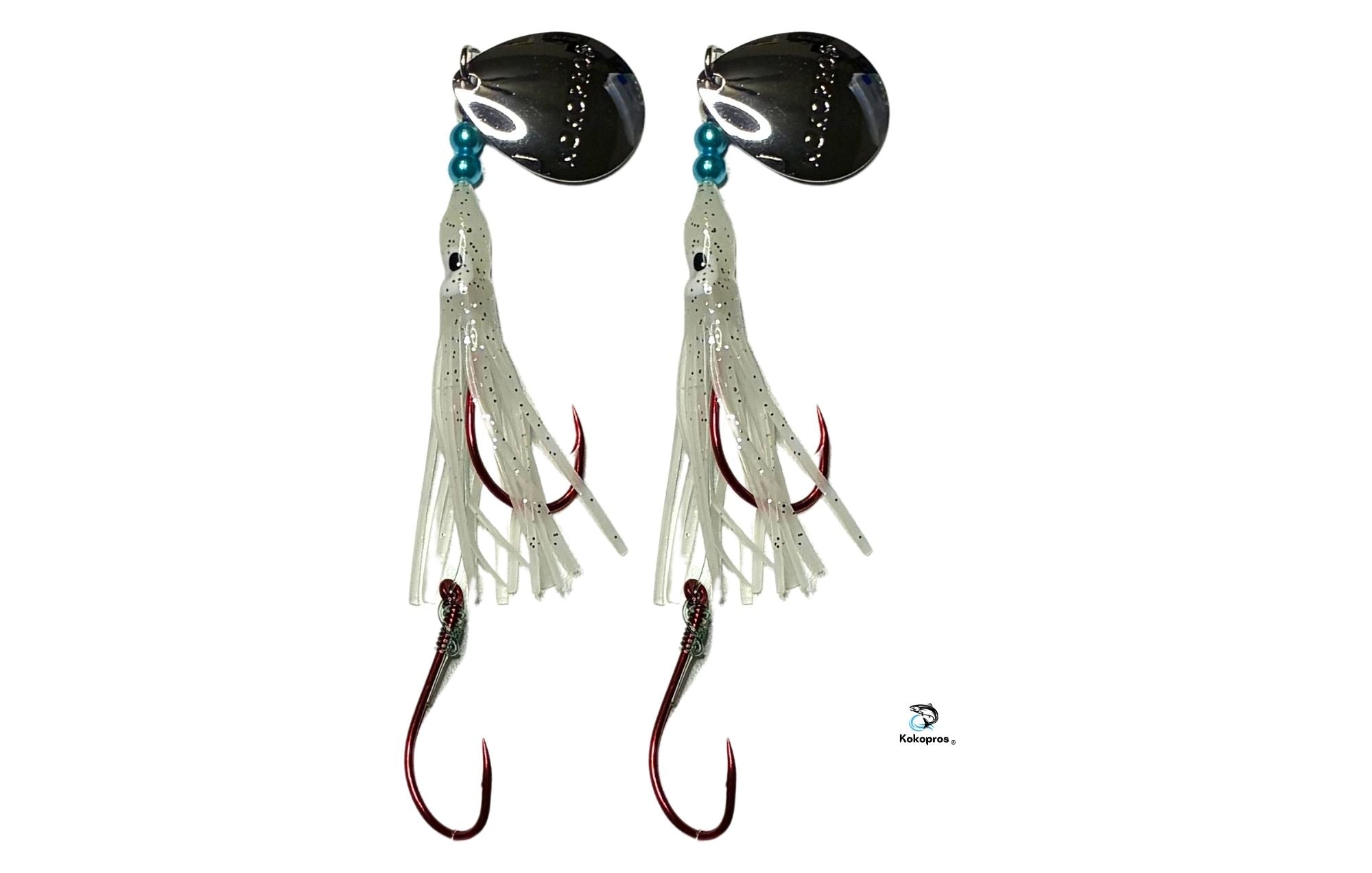 Salmon Tackle - Kokopros® Twin Pack Ghost White - 4/0 Octopus Snell-Luminous Salmon Hoochie Kokopros Spinner Blade (SNELL)