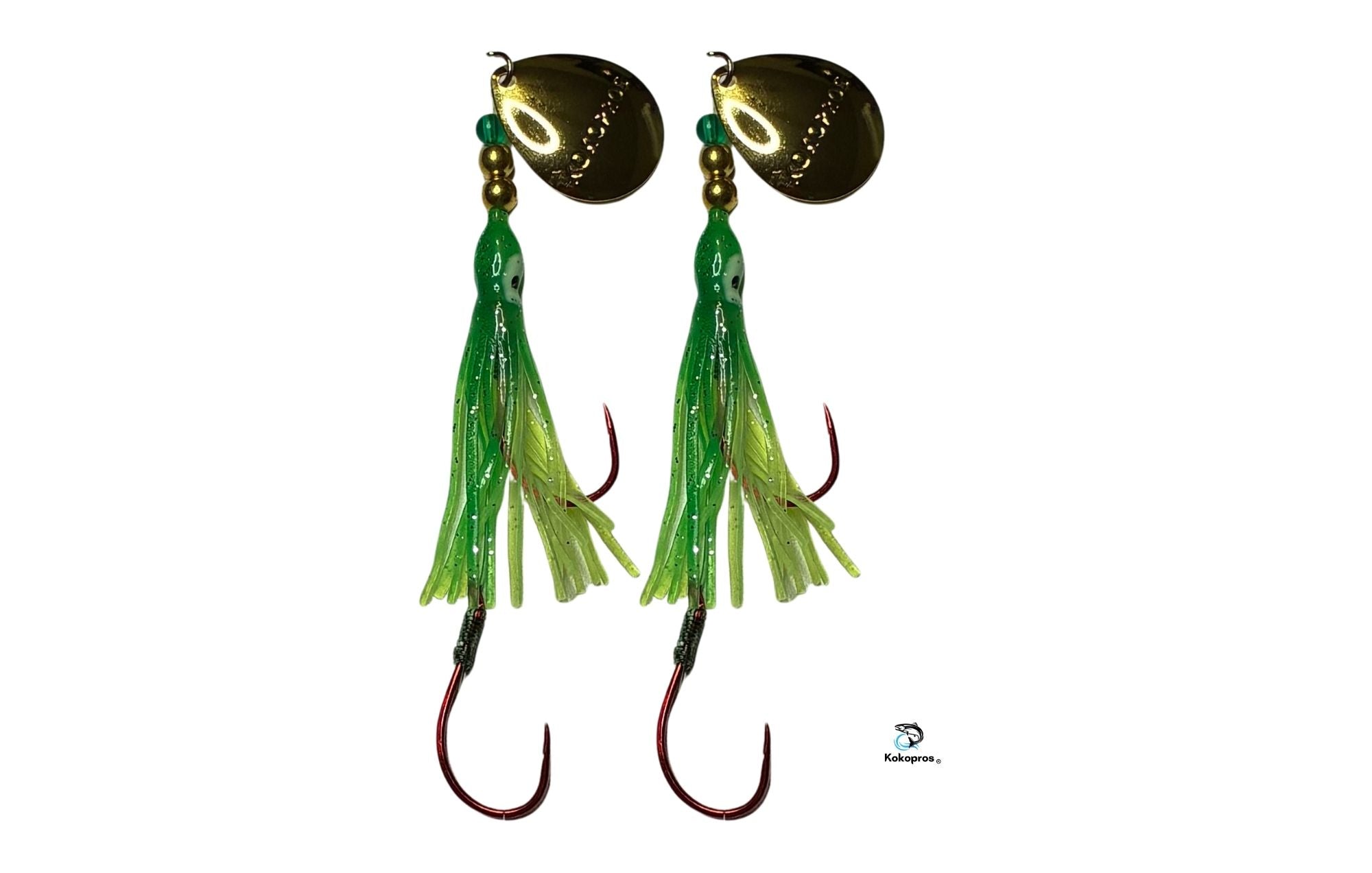 Salmon Tackle - Kokopros® Twin Pack Green Chartreuse - 4/0 Octopus Snell-Luminous Salmon Hoochie Kokopros Spinner Blade (SNELL)