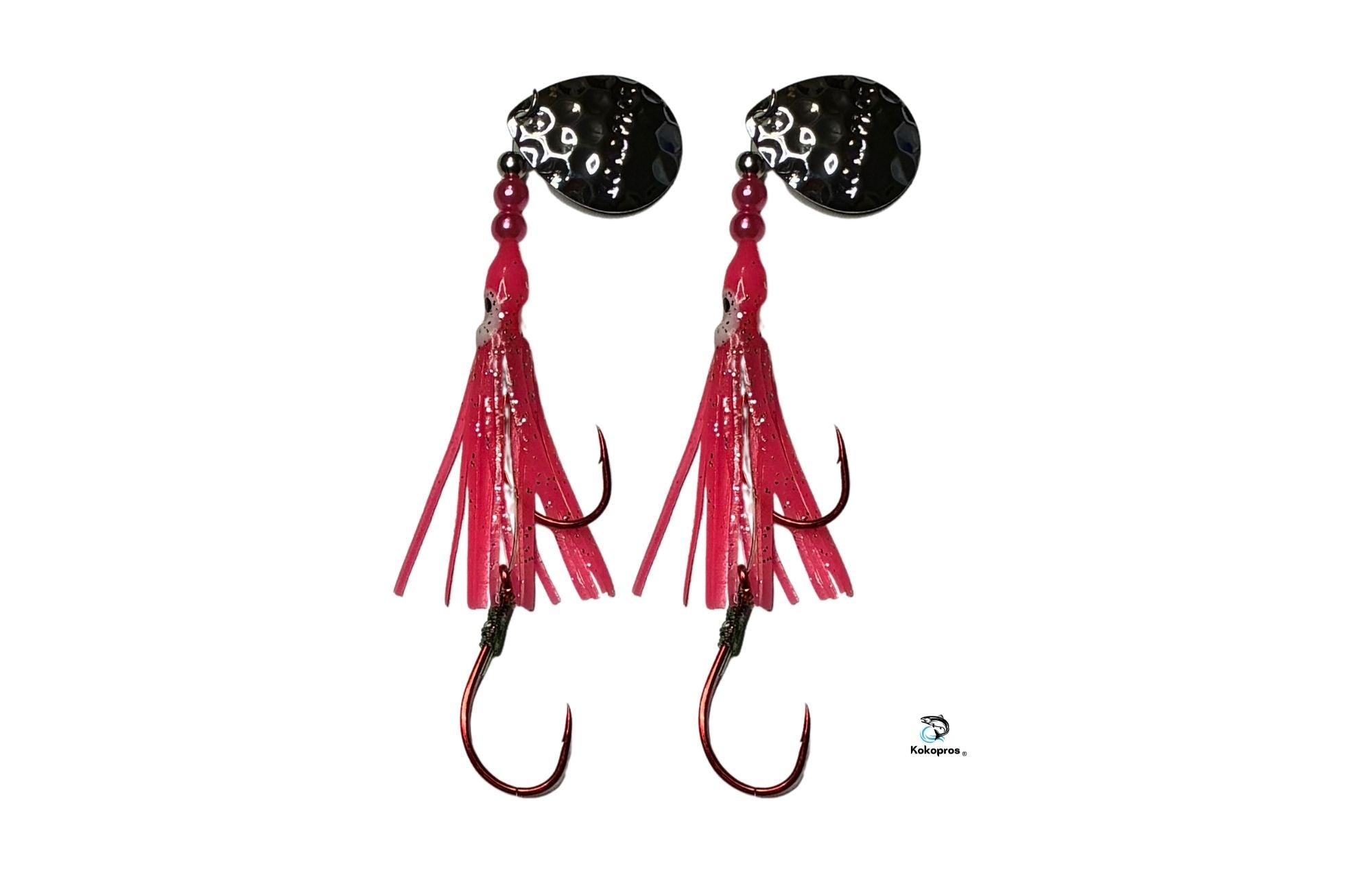 Salmon Tackle - Kokopros® Twin Pack Hot Pink  - 4/0 Octopus Snell-Luminous Salmon Hoochie Kokopros Spinner Blade (SNELL)
