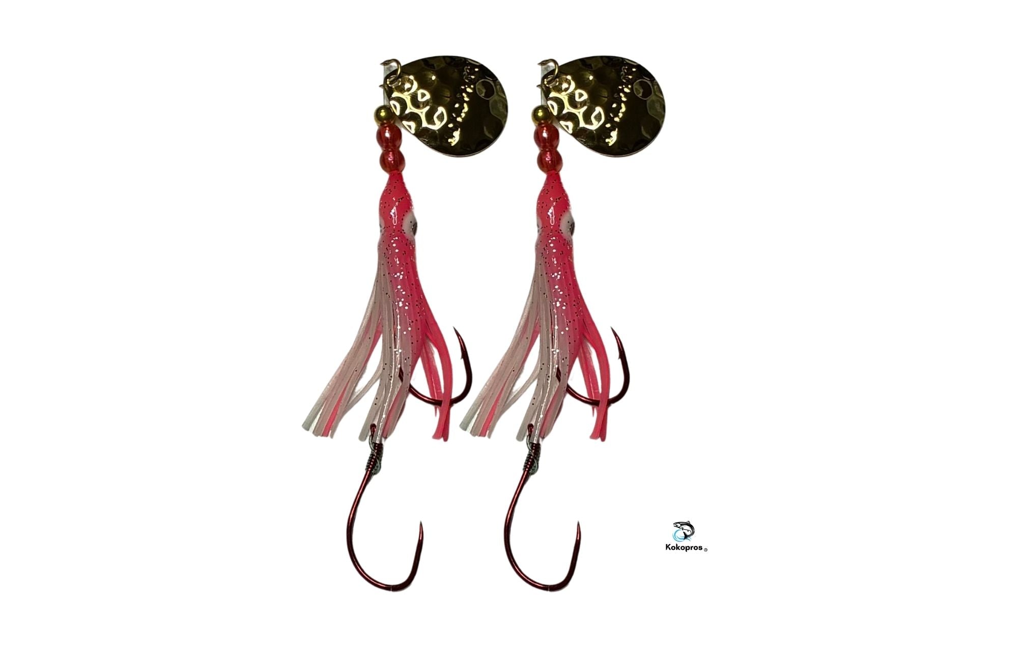 Salmon Tackle - Kokopros® Twin Pack Pink- White - 4/0 Octopus Snell-Luminous Salmon Hoochie Kokopros Spinner Blade (SNELL)