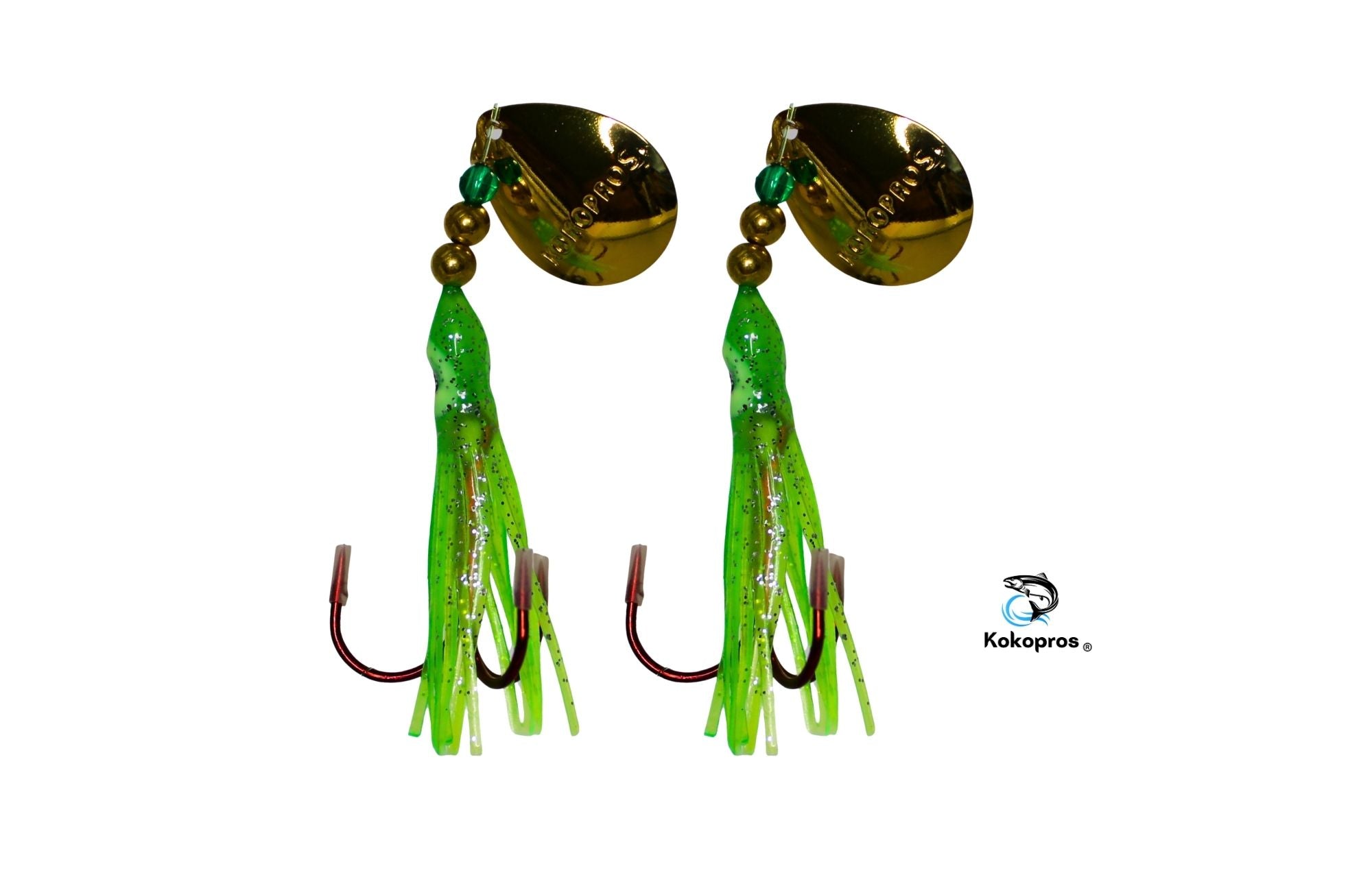 Salmon Tackle- Kokopros® Twin Pack Green Chartreuse  2/0 Treble- Luminous Salmon Hoochie Kokopros Spinner Blade (TREBLE)