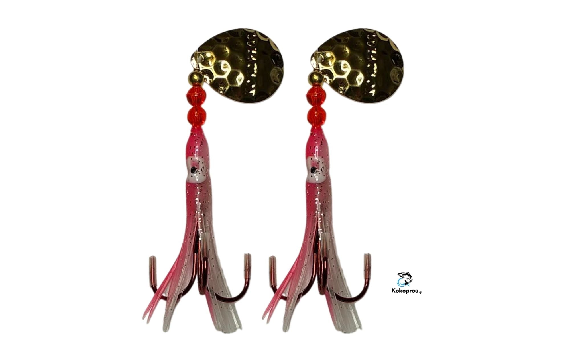 Salmon Tackle- Kokopros® Twin Pack Pink- White  2/0 Treble- Luminous Salmon Hoochie Kokopros Spinner Blade (TREBLE)