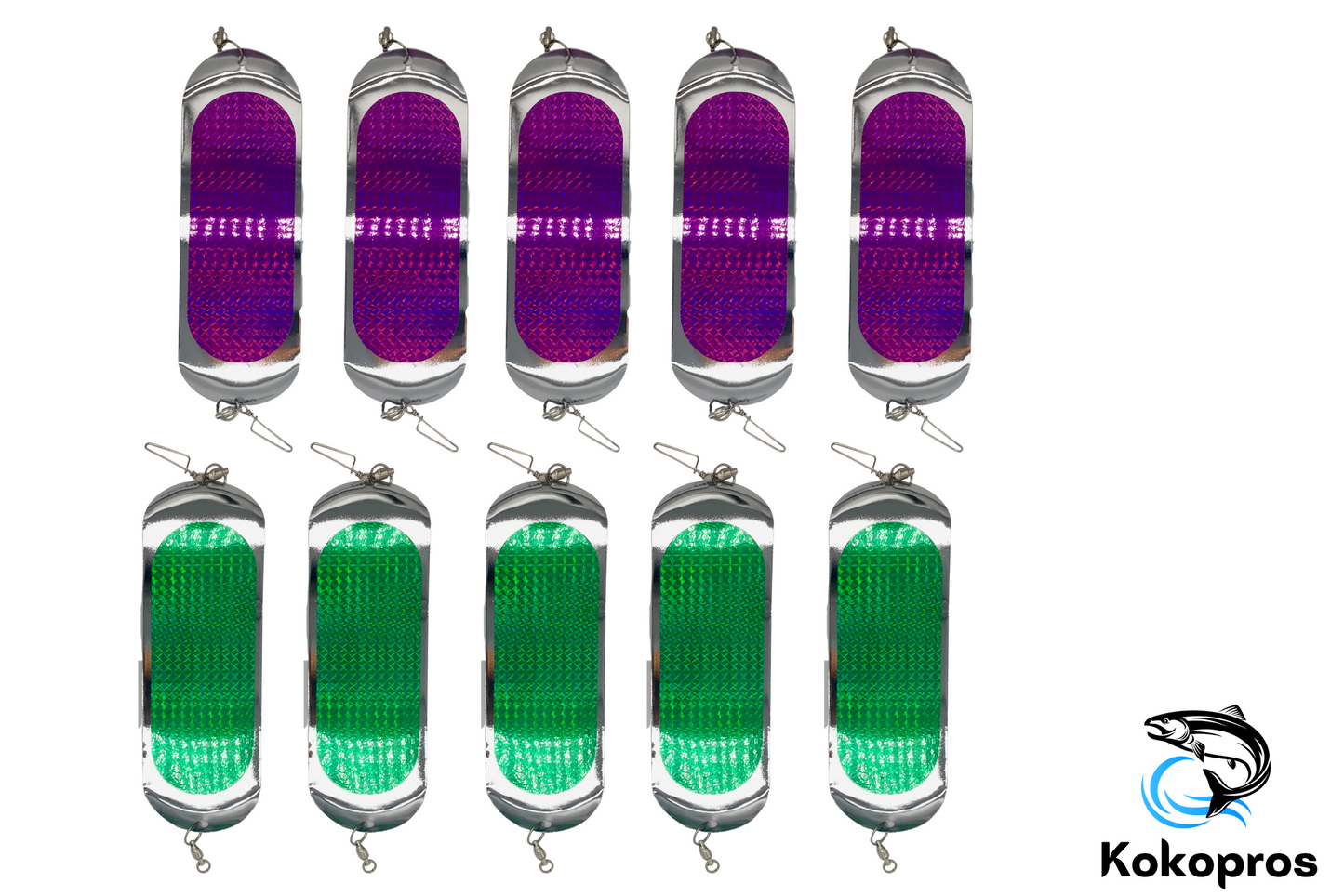 8 1/2" Salmon Fishing Flashers - Green & Purple - 10-PACK