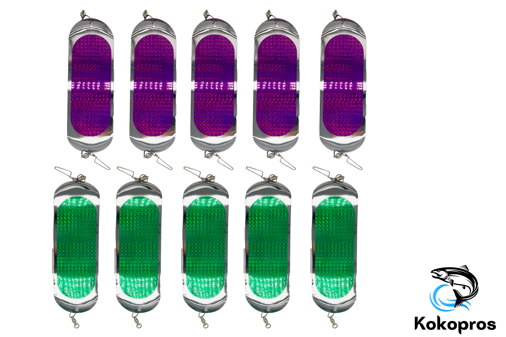 8 1/2 Salmon Fishing Flashers - Green & Purple - 10-PACK – KOKOPROS